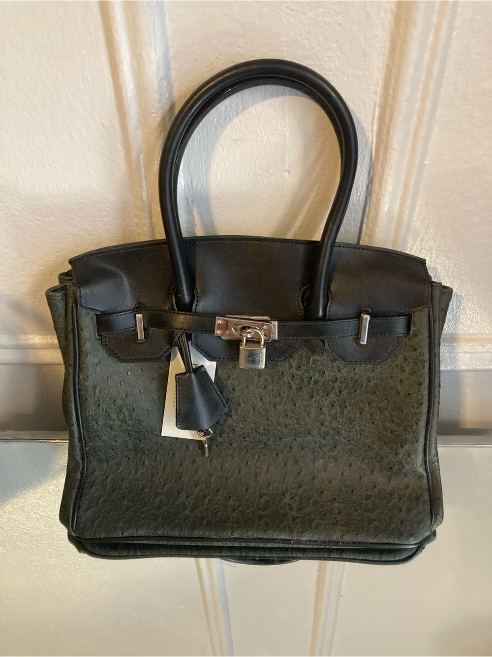 Faux Birkin Olive Green & Black Vegan Ostrich Satchel Tote Bag
